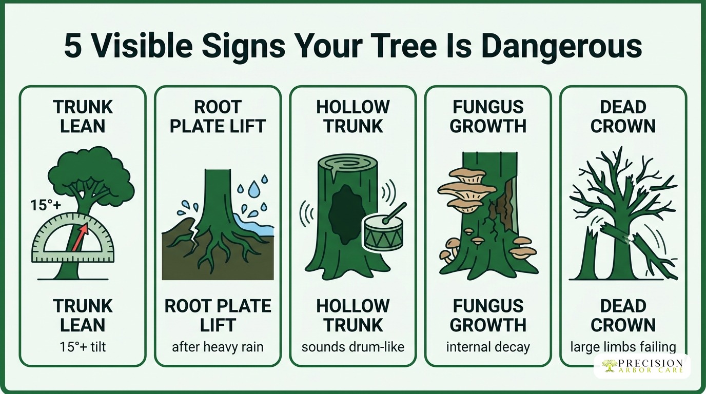 Signs of dangerous trees including hollow trunk and dead crown in Melbourne.