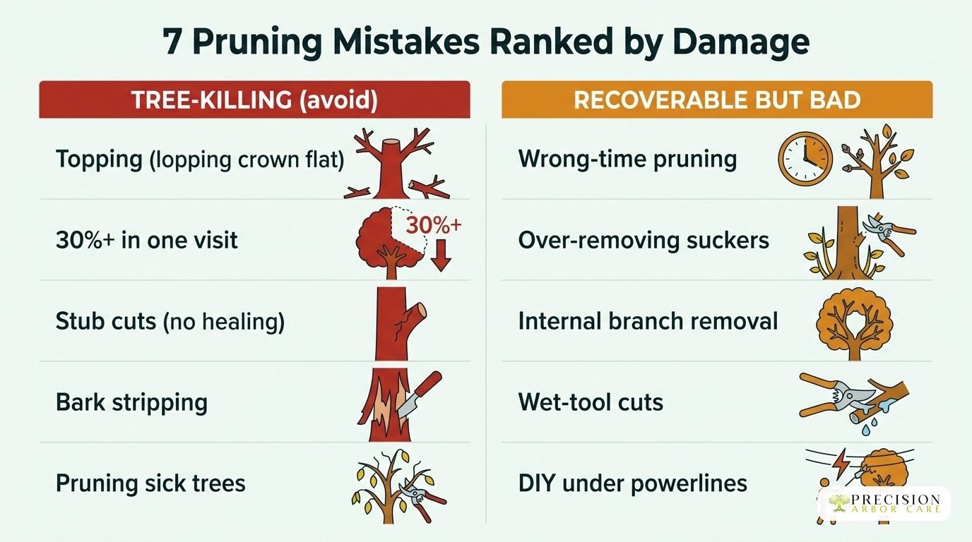 7 pruning mistakes ranked by damage — tree-killing vs recoverable