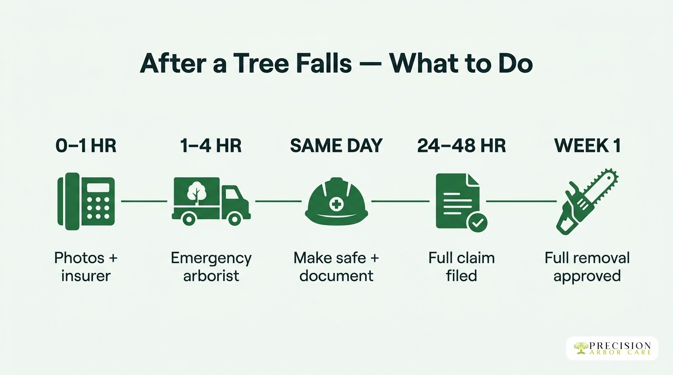 What to do after a tree falls — photos and insurer at 0-1 hr, emergency arborist at 1-4 hr, make safe same day, full claim 24-48 hr