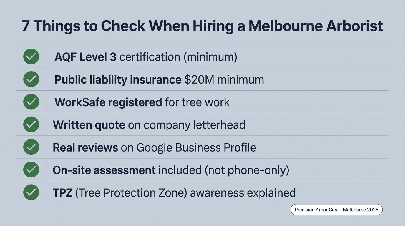 7 things to check when hiring a Melbourne arborist — certification, insurance, WorkSafe, written quote, reviews, on-site assessment, TPZ awareness