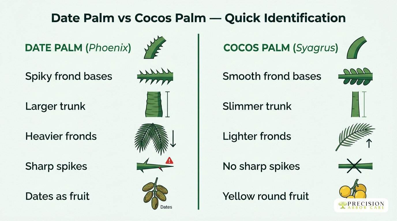 Comparison of Date Palm and Cocos Palm features for easy identification.