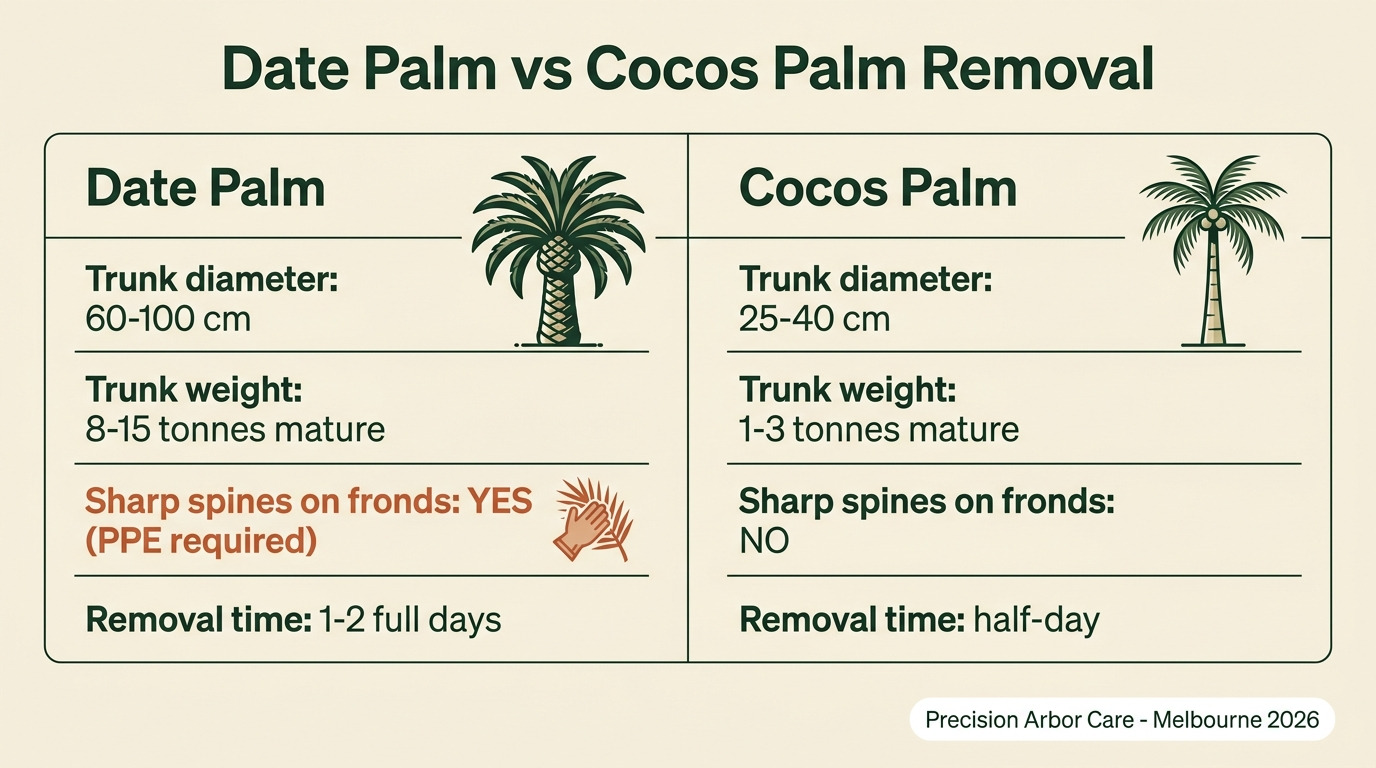 Date palm vs Cocos palm removal — trunk size, weight, spines, removal time comparison