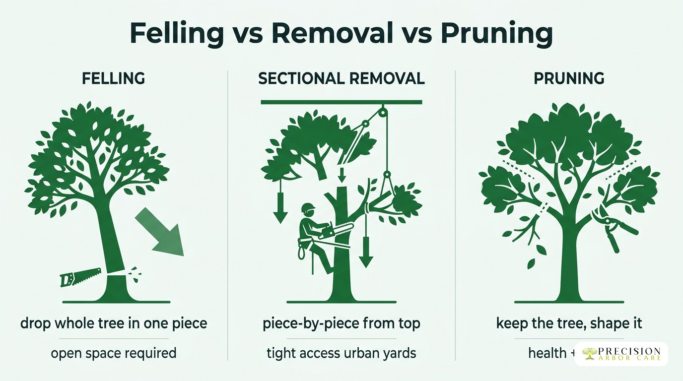 Illustration of tree felling, sectional removal, and pruning methods.