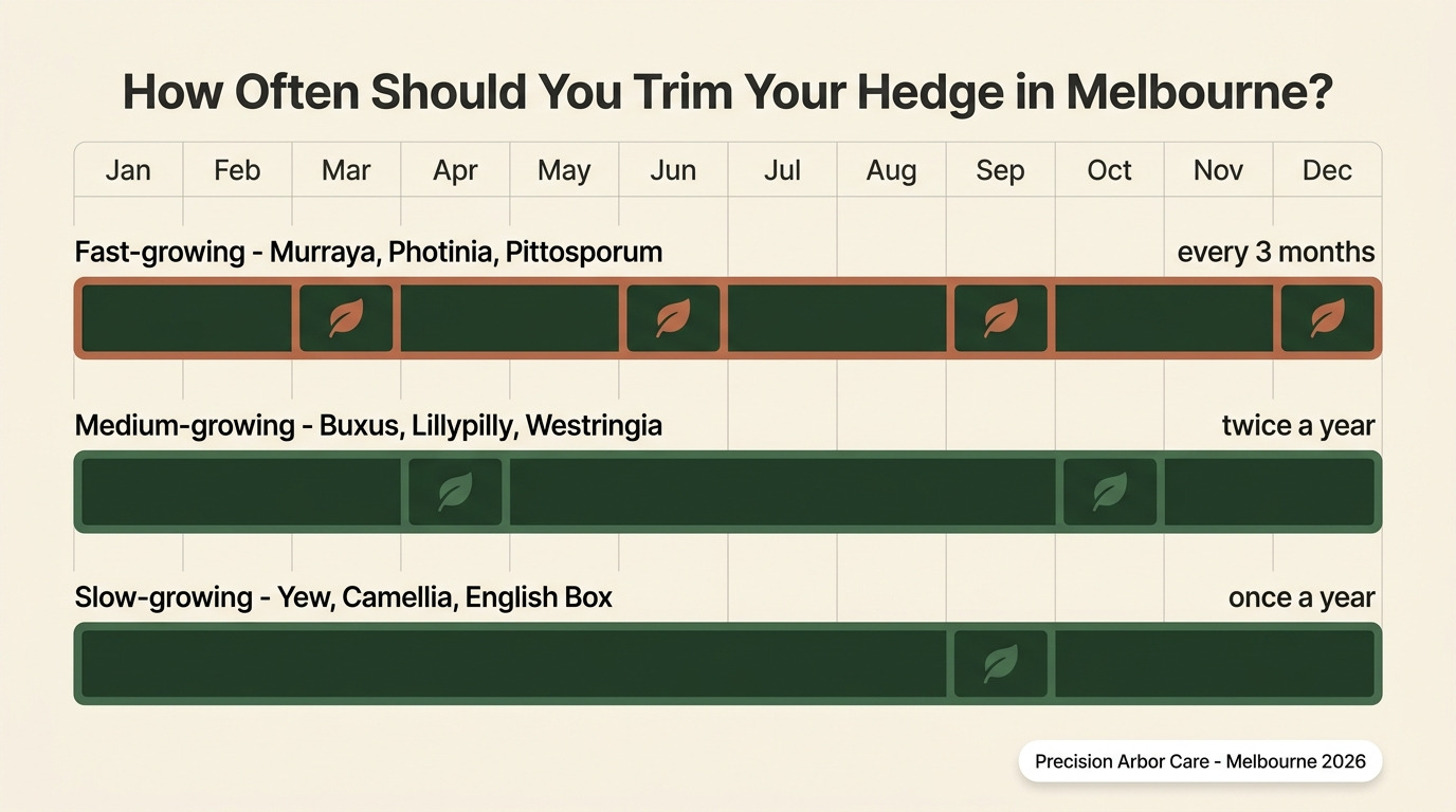 How often to trim a hedge in Melbourne — fast vs medium vs slow growing species across 12 months