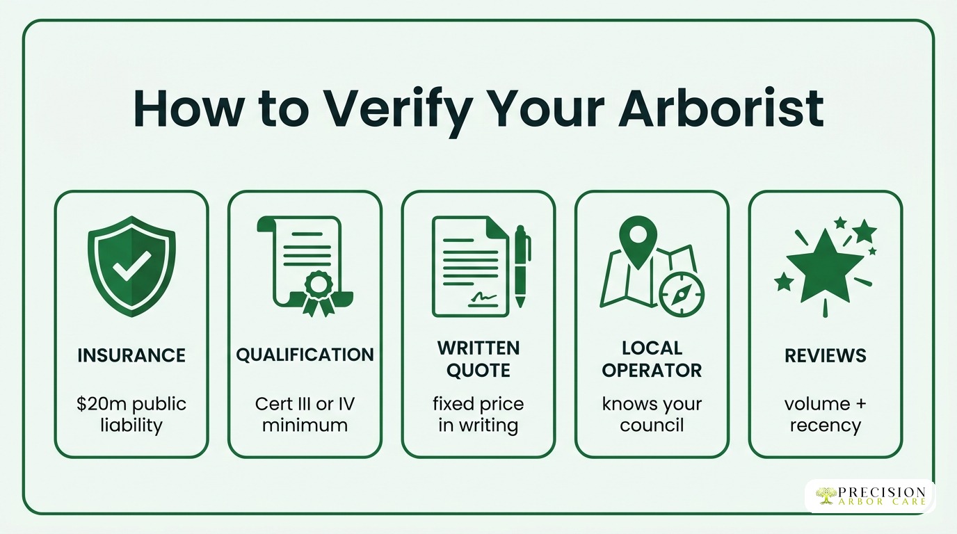 How to verify your arborist — insurance, qualification, written quote, local operator, reviews