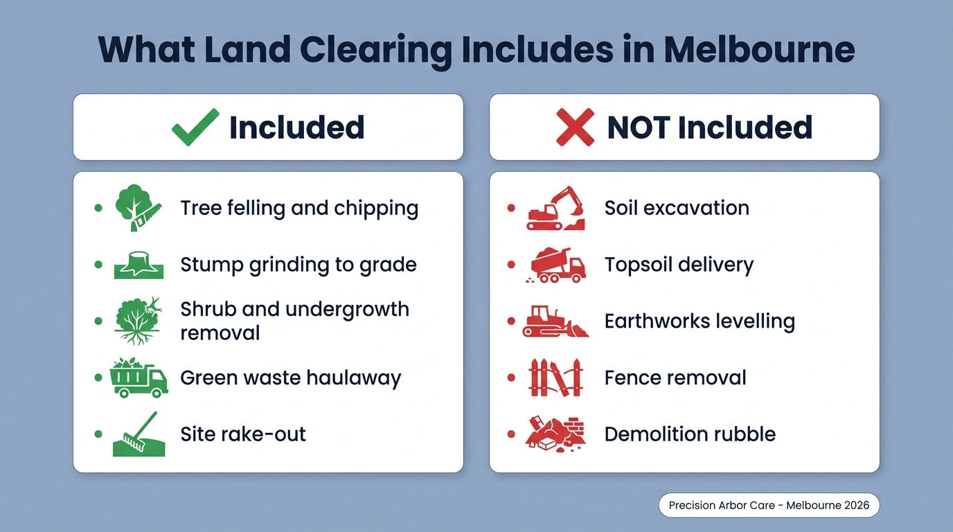 What land clearing includes and does not include in Melbourne — felling, stump grinding, waste haulaway vs soil excavation, topsoil delivery, earthworks