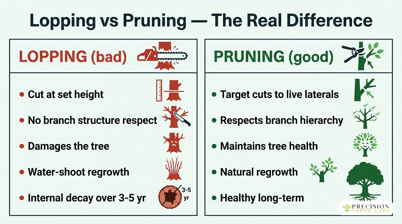 Comparison of lopping and pruning techniques for tree care in Melbourne.