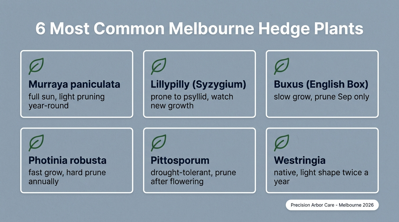 Six most common Melbourne hedge plants — Murraya, Lillypilly, Buxus, Photinia, Pittosporum, Westringia care notes