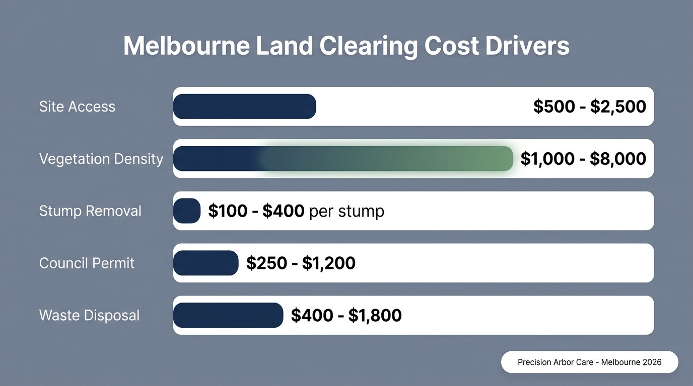 Melbourne land clearing cost drivers infographic — Site Access, Vegetation Density, Stump Removal, Council Permit, Waste Disposal