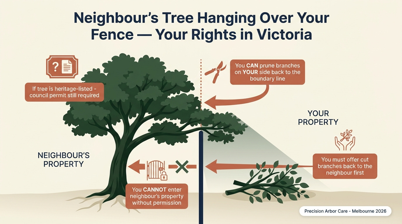 Neighbour tree overhanging your fence in Victoria — your rights at the boundary line