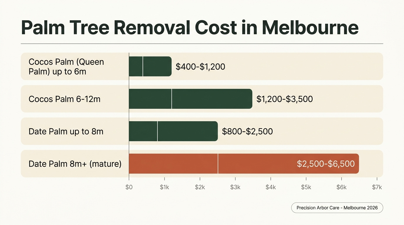 Palm tree removal cost in Melbourne — Cocos palm and Date palm price ranges by height