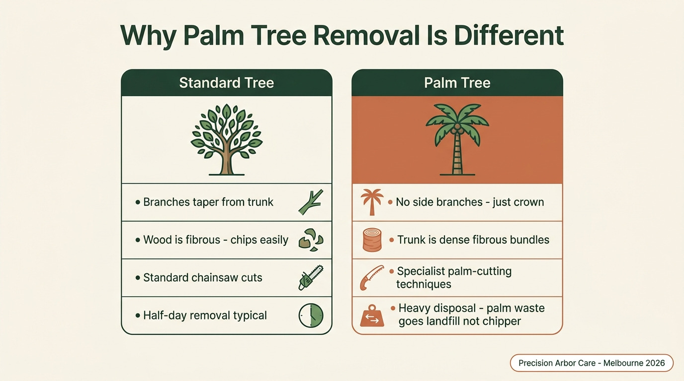 Why palm tree removal is different from standard tree removal — trunk structure, cutting techniques, disposal