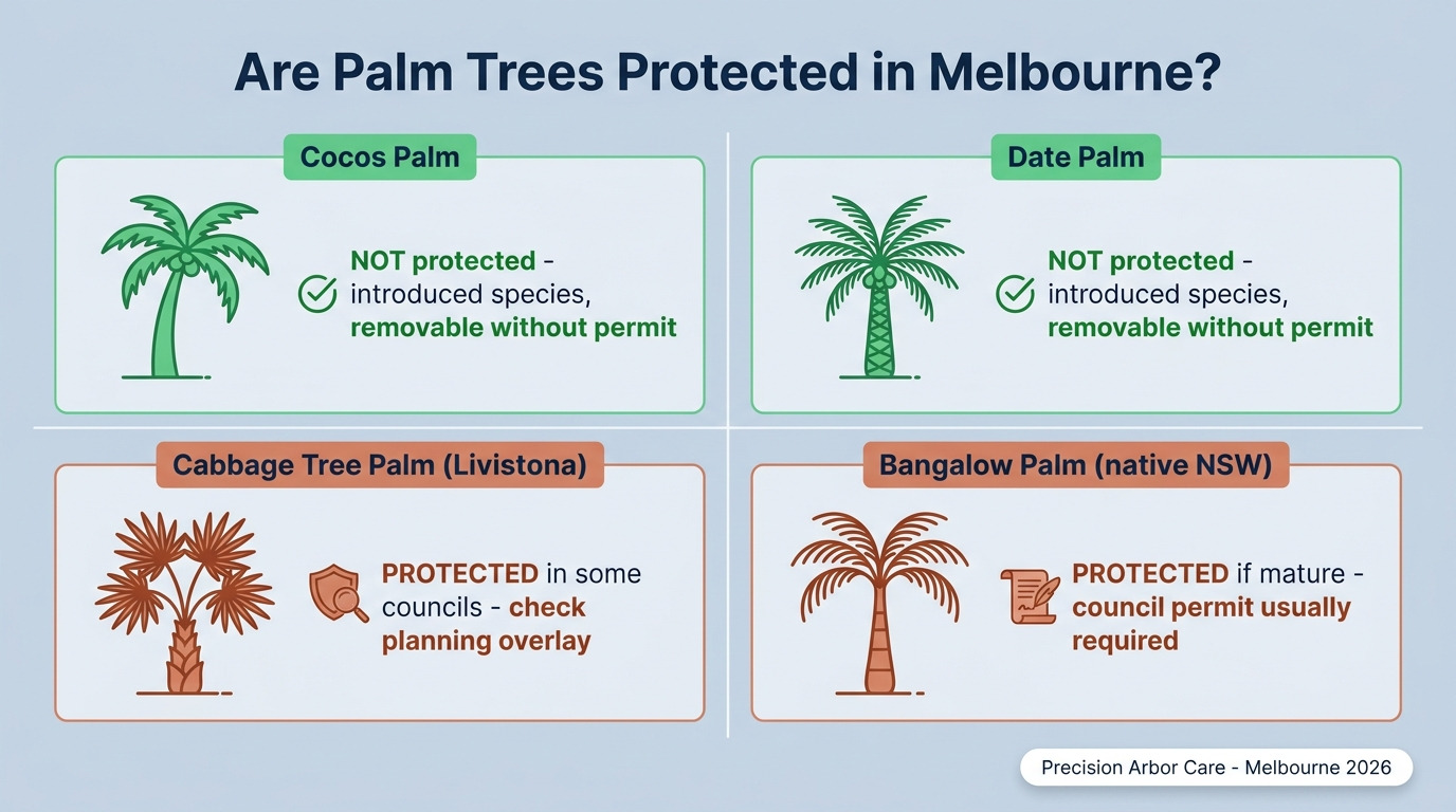 Are palm trees protected in Melbourne — Cocos and Date palms unprotected, Cabbage Tree and Bangalow palms may need permit