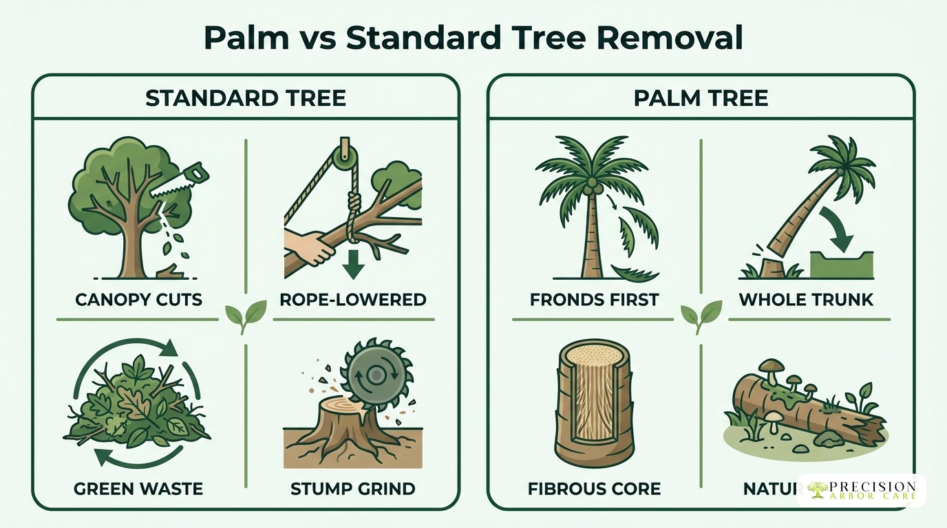 Palm vs standard tree removal compared — canopy cuts vs fronds first, rope-lowered vs whole trunk