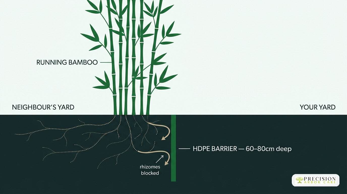 Rhizome barrier fence line diagram Precision Arbor Care diagram — HDPE rhizome barrier installed along a fence line between two properties, buried 60-80cm deep, blocking running bamboo rhizomes
