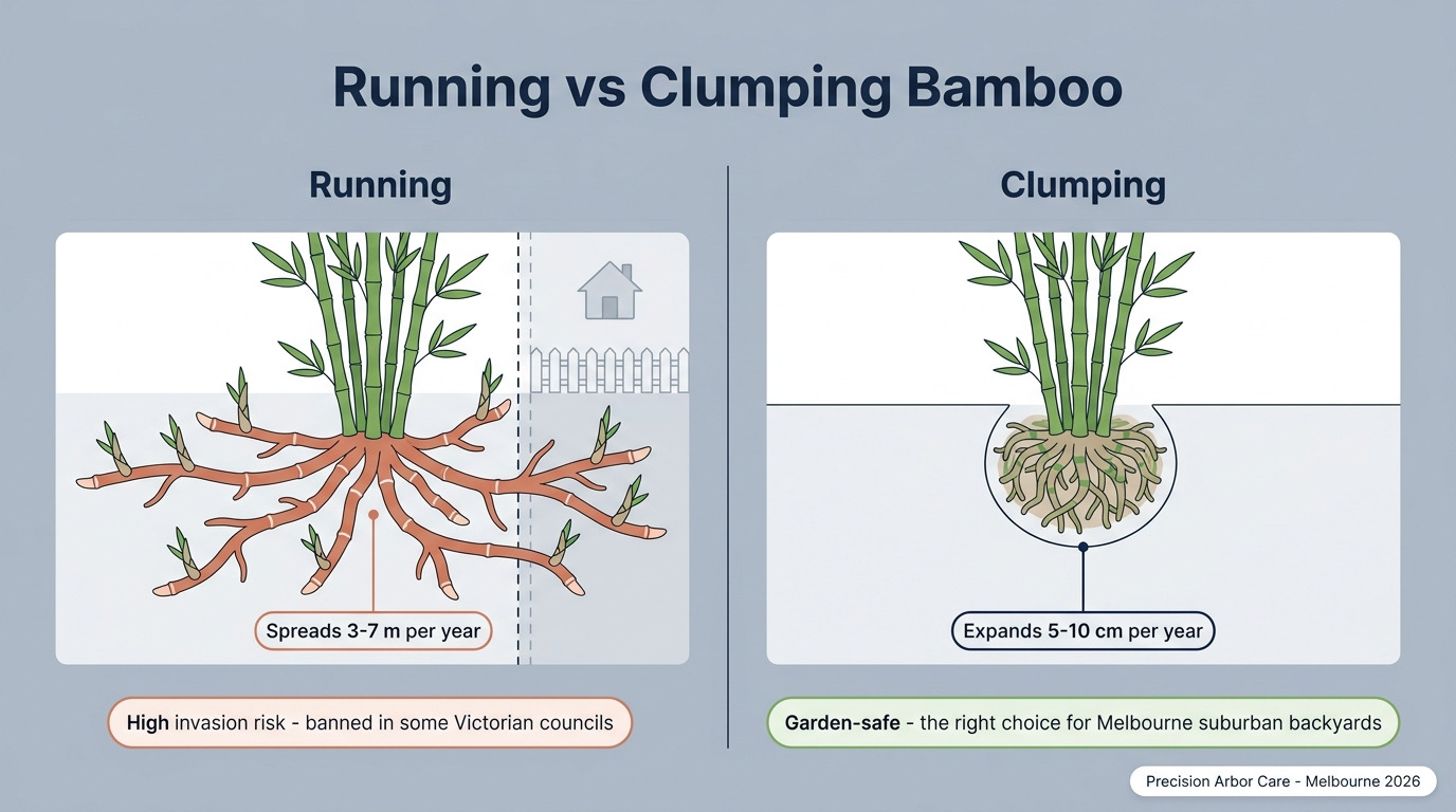 Running vs clumping bamboo comparison — running spreads 3-7m per year, clumping expands 5-10cm per year