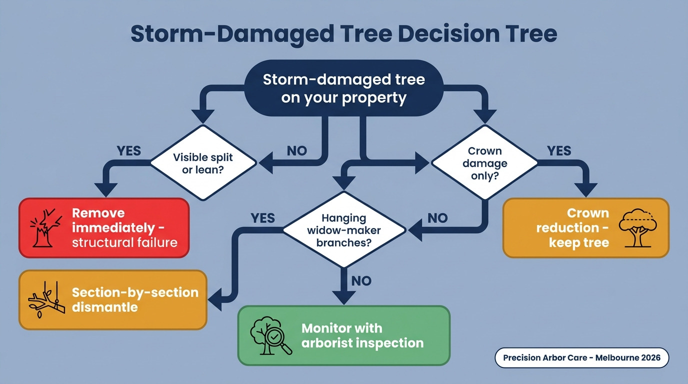 Storm-damaged tree decision tree — remove vs crown reduction vs section dismantle vs monitor