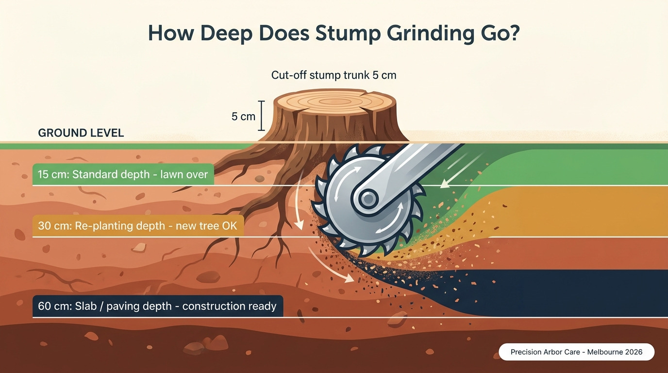 How deep stump grinding goes — 15cm standard, 30cm for re-planting, 60cm for slab and paving