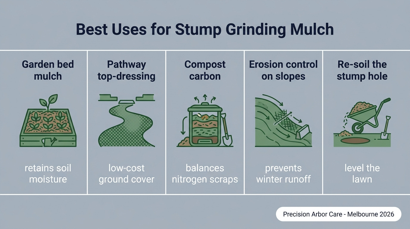 Best uses for stump grinding mulch in Melbourne gardens — garden beds, paths, compost, slopes, re-soiling