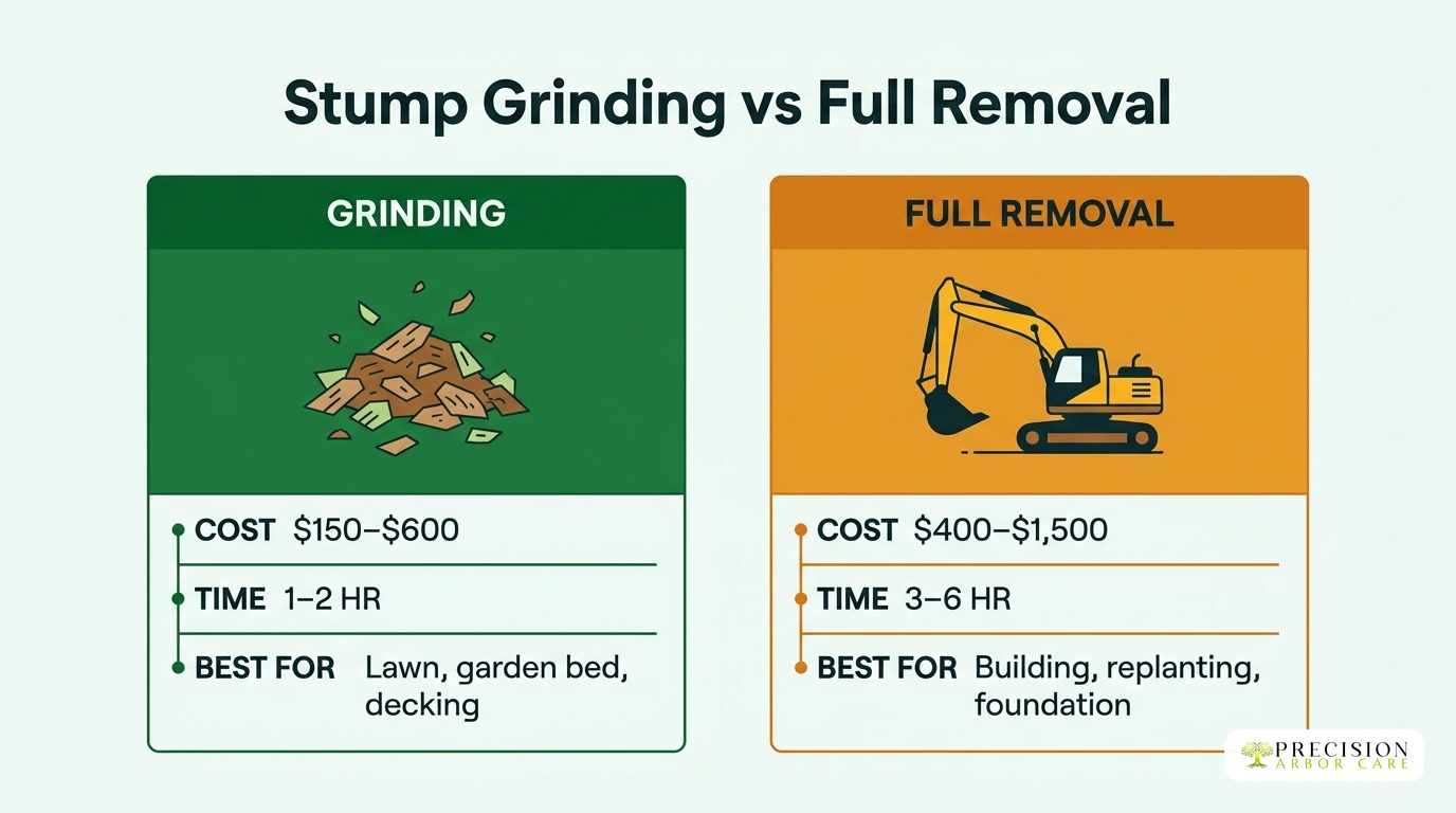 Comparison of stump grinding and full tree removal services in Melbourne.