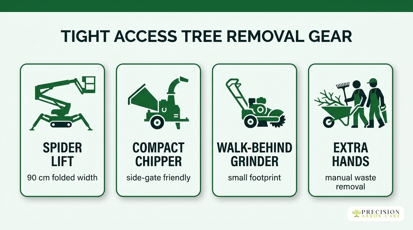 Tight access tree removal gear — spider lift, compact chipper, walk-behind grinder, extra hands