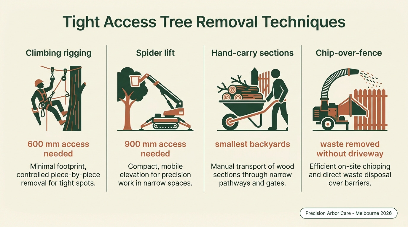 Tight access tree removal techniques — climbing rigging, spider lift, hand-carry, chip-over-fence