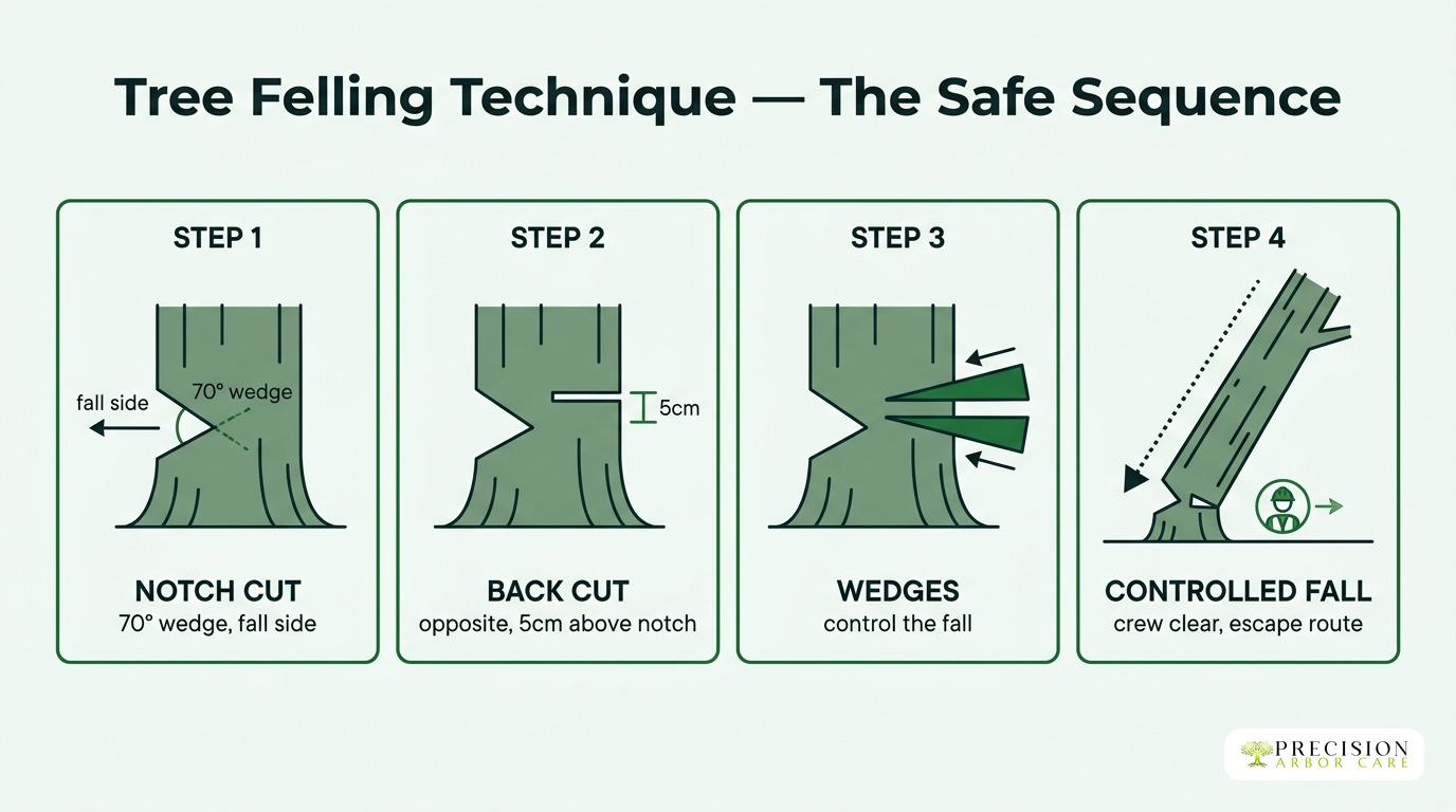 Step-by-step tree felling safety technique diagram.