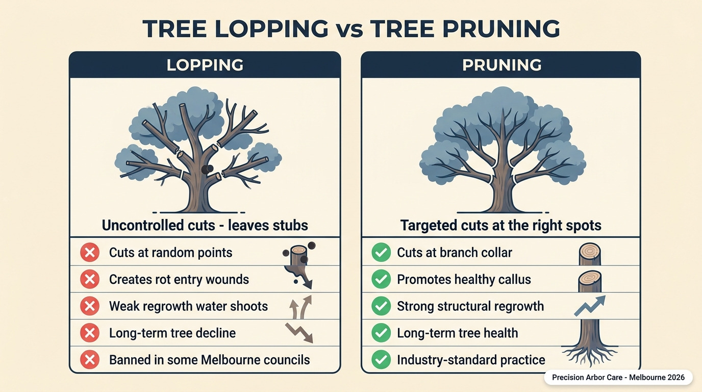 Tree lopping vs tree pruning — lopping leaves stubs and creates rot, pruning cuts at branch collar and promotes health