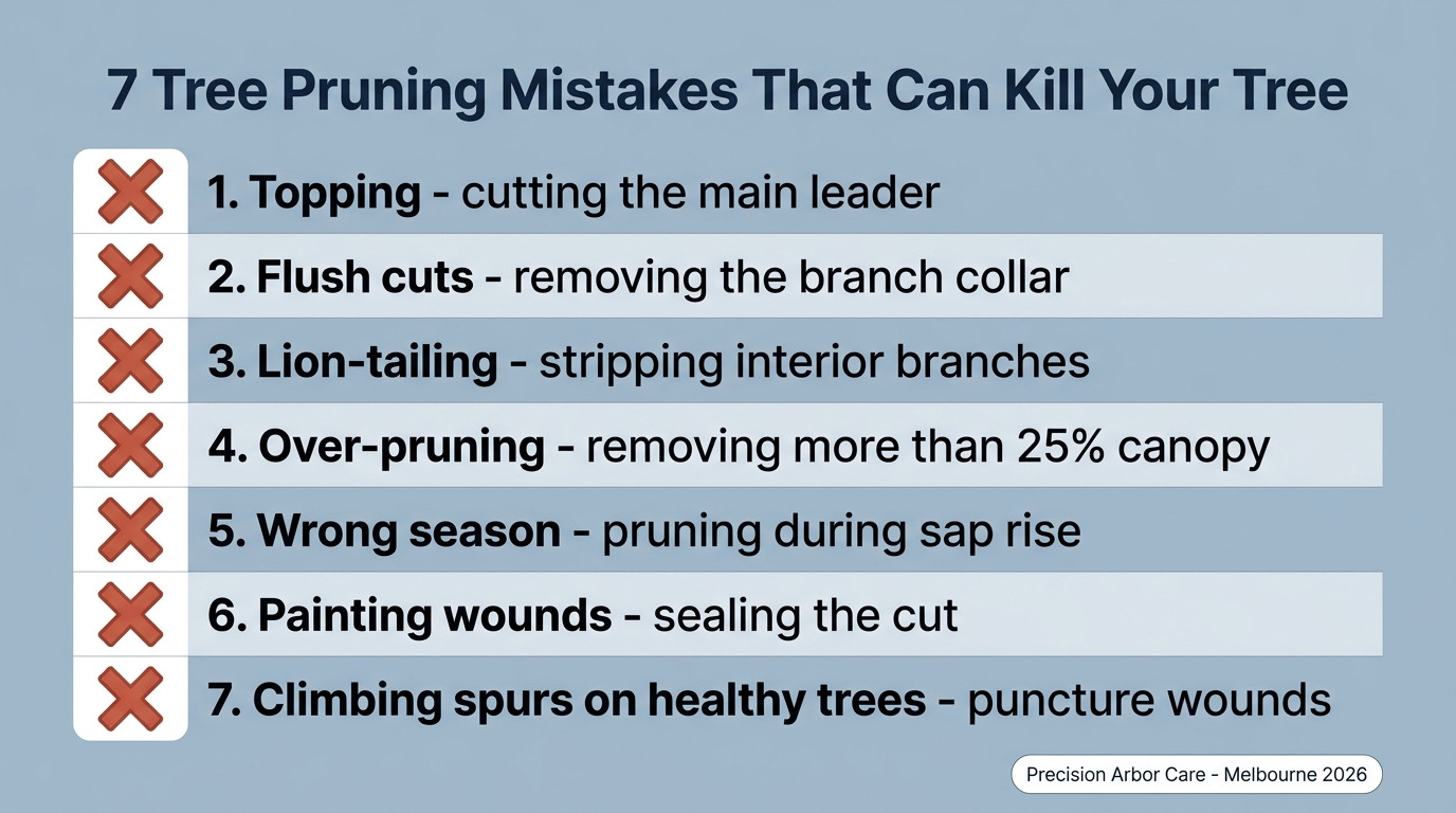 7 tree pruning mistakes that can kill your tree — topping, flush cuts, lion-tailing, over-pruning, wrong season, painting wounds, climbing spurs