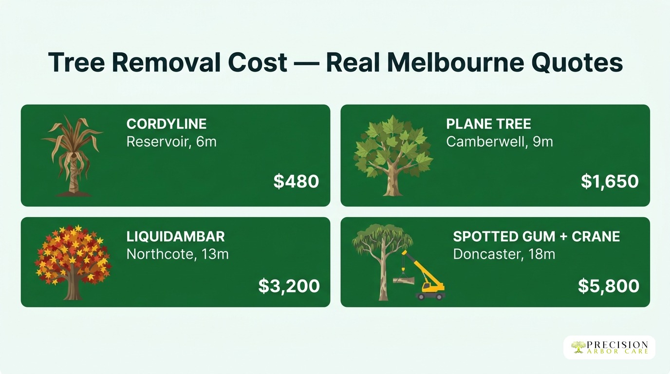 Real Melbourne tree removal quote examples — Cordyline $480, Plane Tree $1,650, Liquidambar $3,200, Spotted Gum $5,800