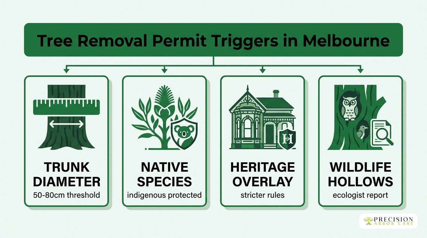 Tree removal permit requirements in Melbourne, including native species and heritage rules.