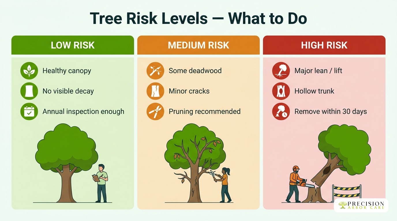 Illustration of tree risk levels from low to high with maintenance tips.