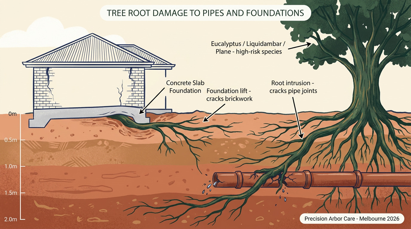 Tree root damage to pipes and foundations — cross-section showing root intrusion at 1.2m and lateral roots at foundation depth