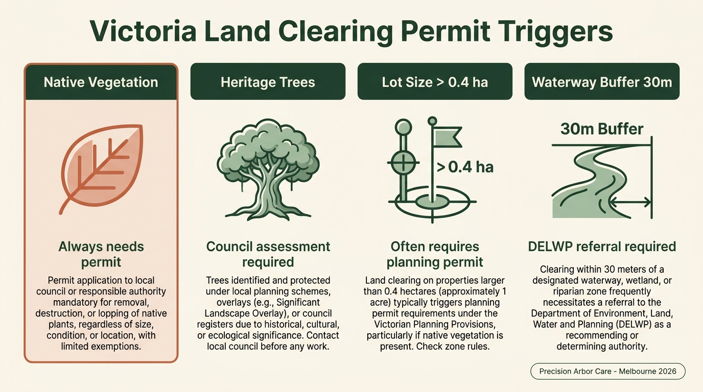 Victoria land clearing permit triggers infographic — native vegetation, heritage trees, large lots, waterway buffers