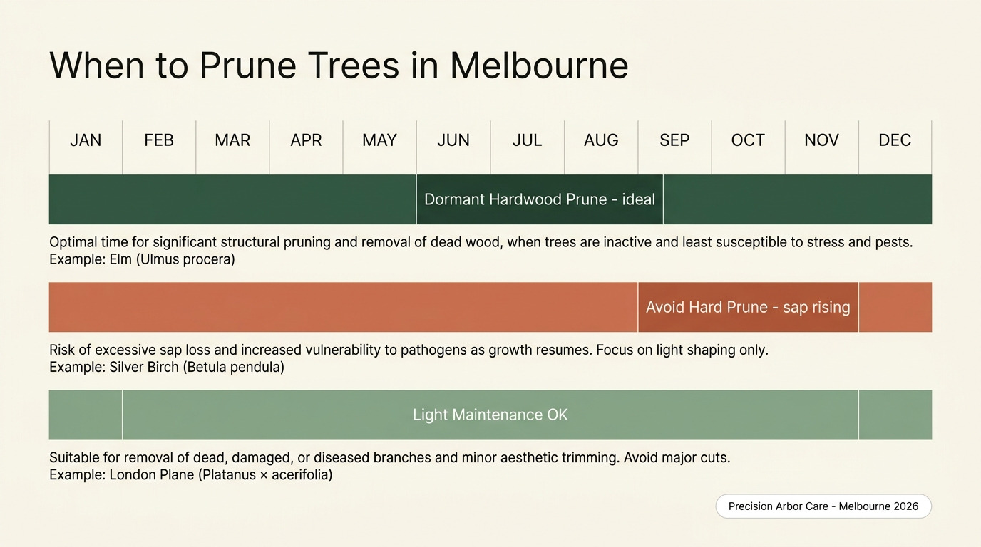 Best time to prune trees in Melbourne — dormant winter ideal, spring avoid, summer maintenance OK