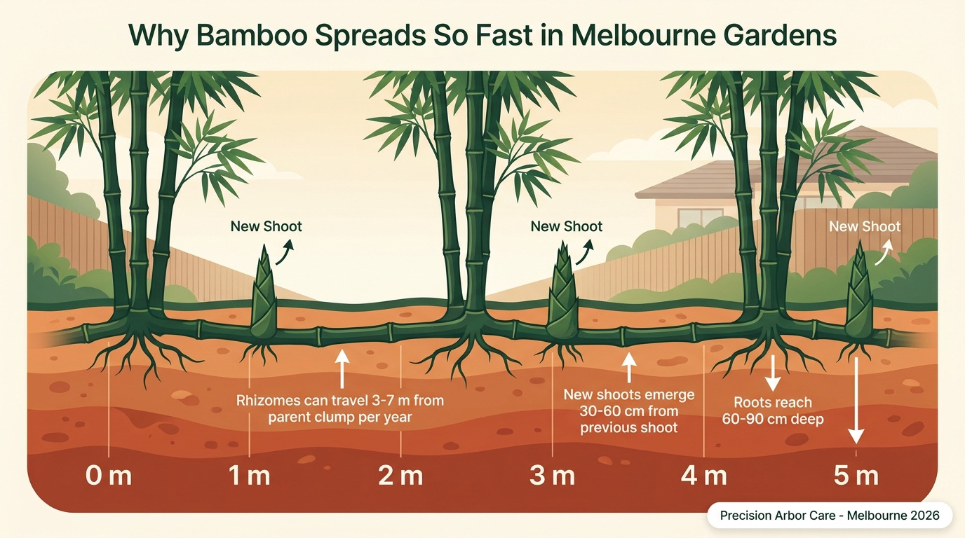 Why bamboo spreads so fast in Melbourne gardens — rhizome network cross-section showing 3-7m spread per year