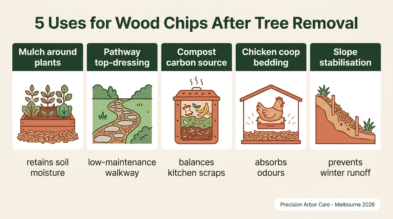 5 uses for wood chips after tree removal in Melbourne — mulch, pathway, compost, chicken bedding, slope stabilisation