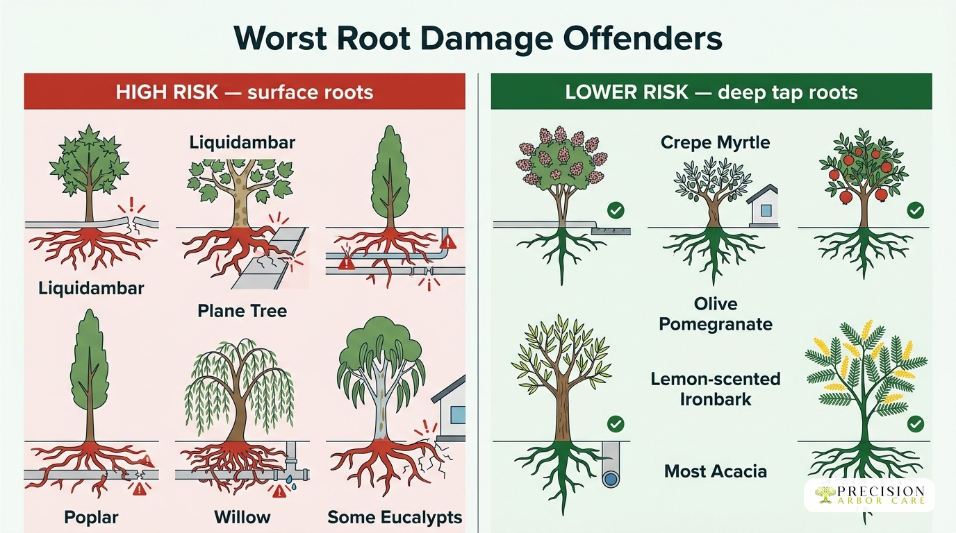 Worst tree species for root damage — high risk surface roots vs lower risk deep tap roots